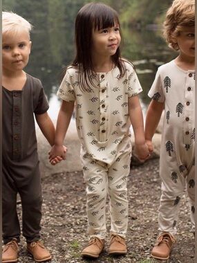 Cream Leaf-Print Kids Footie One-Piece